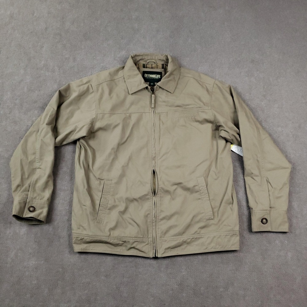 Outdoor Life Jacket Mens Medium Khaki Twill Full Zip Front Plaid Lined‎ Pockets
